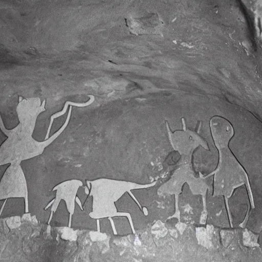 Image similar to the moomins, prehistoric cave painting, photograph taken in cave