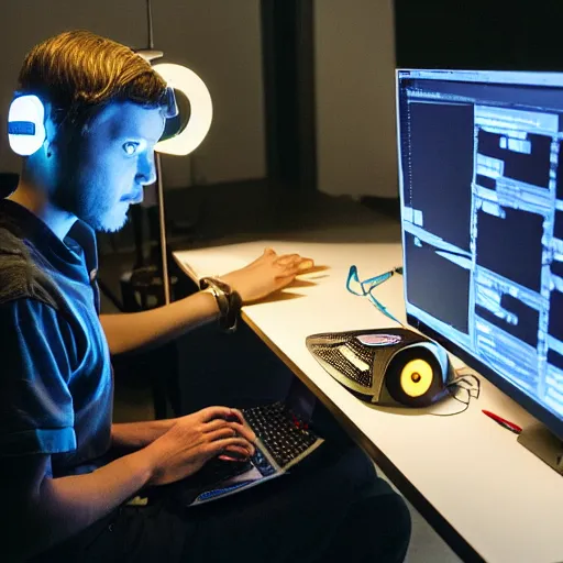 Image similar to a developper is coding on his computer in a dark room, a robot is appearing to help in the light