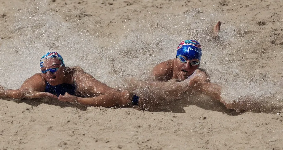 Image similar to olympic swimming in sand instead of water, extremely coherent