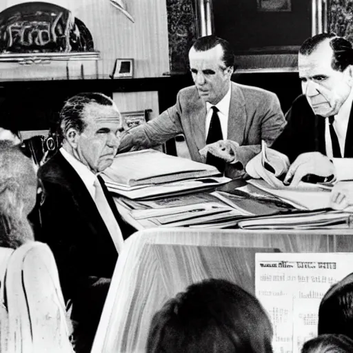 Image similar to Newspaper photograph showing President Nixon making a deal with the Mere-people of Atlantis