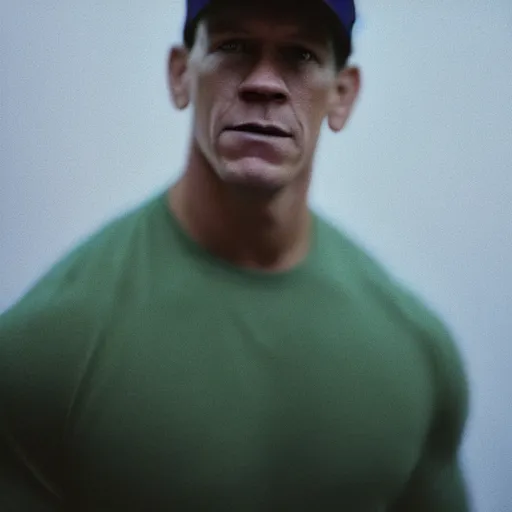 Image similar to A Medium shot of a John Cena face, captured in low light with a soft focus. There is a gentle green hue to the image, and the John cena’s features are lightly blurred. Cinestill 800t