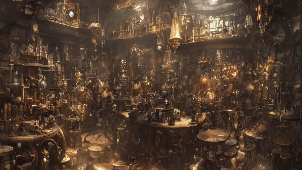 Prompt: A steampunk store, by Danar Worya and Greg Rutkowski, and artgerm, ultra detailed displays of weapons and clockwork machinations densely packed on shelves, volumetric lighting, 8k, unreal engine, trending on artstation