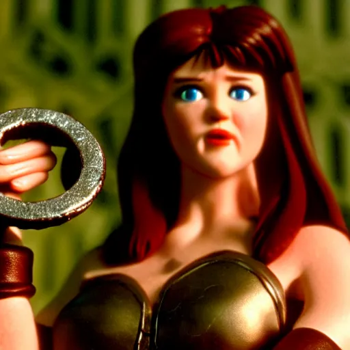 Image similar to a cinematic film still of a claymation stop motion film starring young lucy lawless as xena warrior princess holding giant ring, brunette hair, shallow depth of field, 8 0 mm, f 1. 8