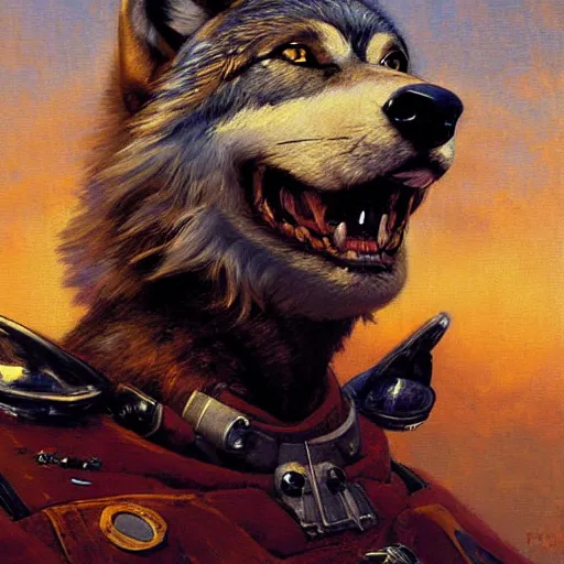 Prompt: a portrait of a wolf dogman canine star pilot. highly detailed painting by gaston bussiere, craig mullins, j. c. leyendecker, furry