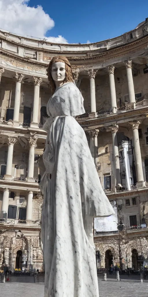 Prompt: A marble sculpture of The Mona Lisa in the middle of an empty Italian piazza, midday, 4k photograph, sunny day, low angle