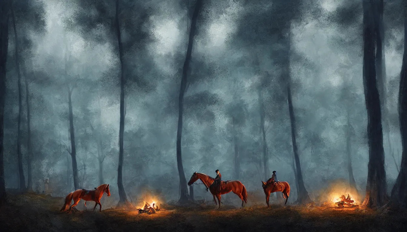 Image similar to a man and his horse camping by a small fire, in a mystical forest at night, intricate, elegant, volumetric lighting, digital painting, highly detailed, artstation, sharp focus, illustration, concept art, ruan jia, steve mccurry