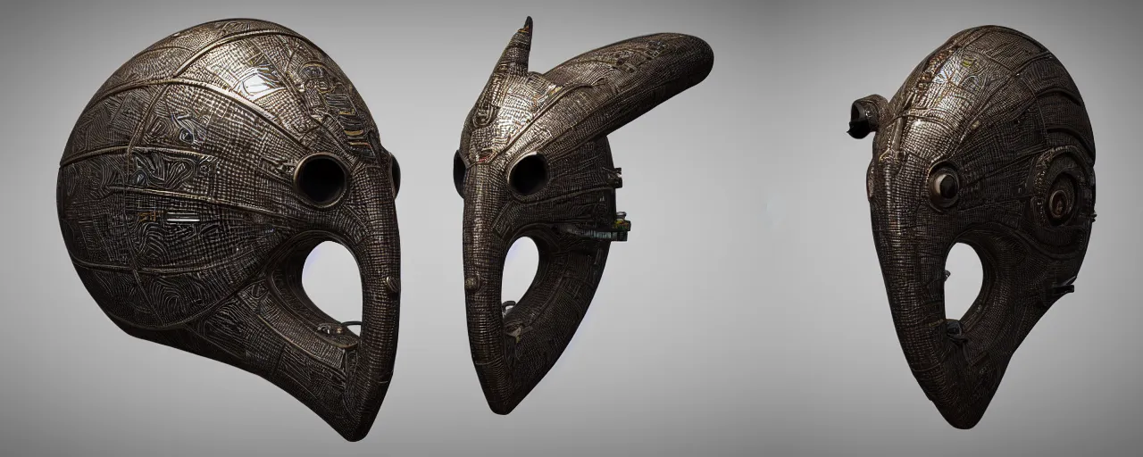 Image similar to futuristic cyberpunk african senufo mask, highly detailed, very powerful, photorealistic camera shot, bright studio setting, studio lighting, crisp quality and light reflections, unreal engine 5 quality render