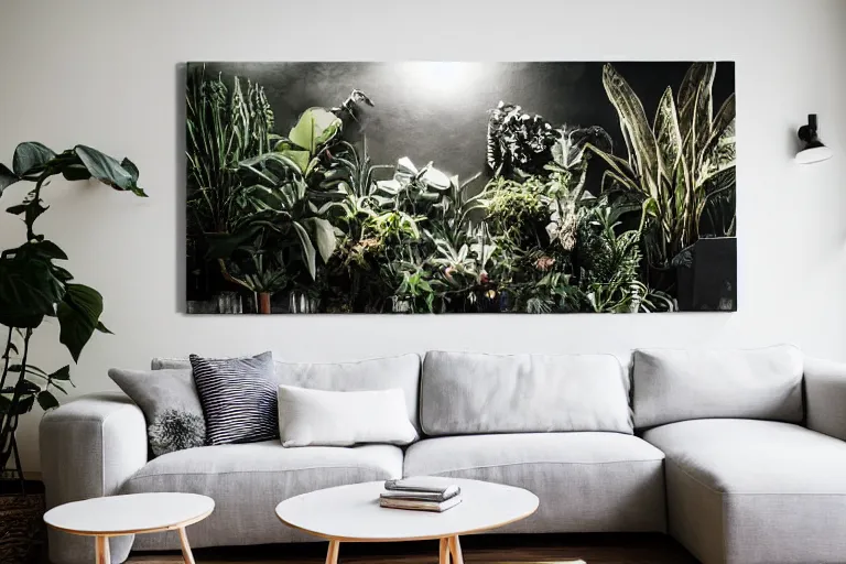 Prompt: highly detailed wide angle photograph, ikea style, light bloom, atmospheric, cinematic, contemporary modern design living room, cozy, calm, plants, big canvas art, hardwood floor, white walls, fabric and textiles