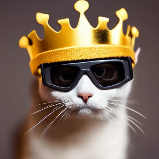 Prompt: A cat wearing a golden crown and goggles