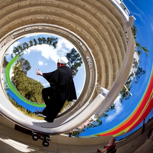Prompt: fisheye lens image of the pope riding a skateboard