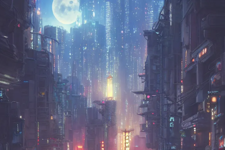 Image similar to a highly detailed matte painting of a city under moon and stars by studio ghibli, makoto shinkai, by artgerm, by wlop, by greg rutkowski, volumetric lighting, cyberpunk, octane render, 4 k resolution, trending on artstation, masterpiece