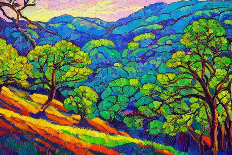 Prompt: masterpiece painting of oak trees on a hillside overlooking a creek, dramatic lighting, by erin hanson