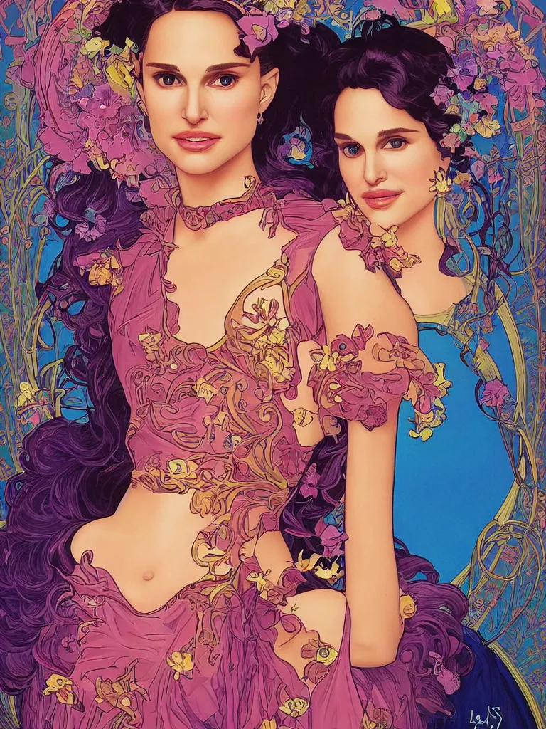 Image similar to beautiful realistic portrait of Natalie Portman as a sci fi 90s princess by Lisa Frank, Seth McMahon and Alphonse Mucha