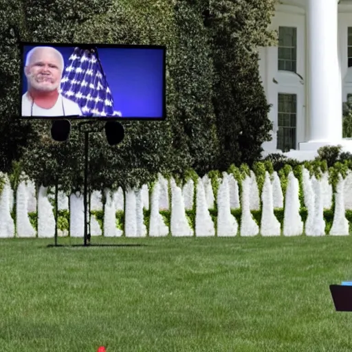 Image similar to realistic photo of scott steiner standing behind the podium during a press conference at the white house rose garden