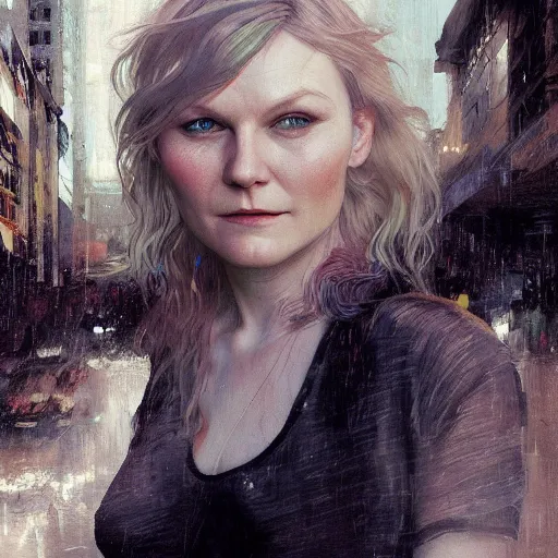 Image similar to kirsten dunst, hyperrealistic portrait, bladerunner street, art of elysium by jeremy mann and alphonse mucha, fantasy art, photo realistic, dynamic lighting, artstation, poster, volumetric lighting, very detailed face, 4 k, award winning