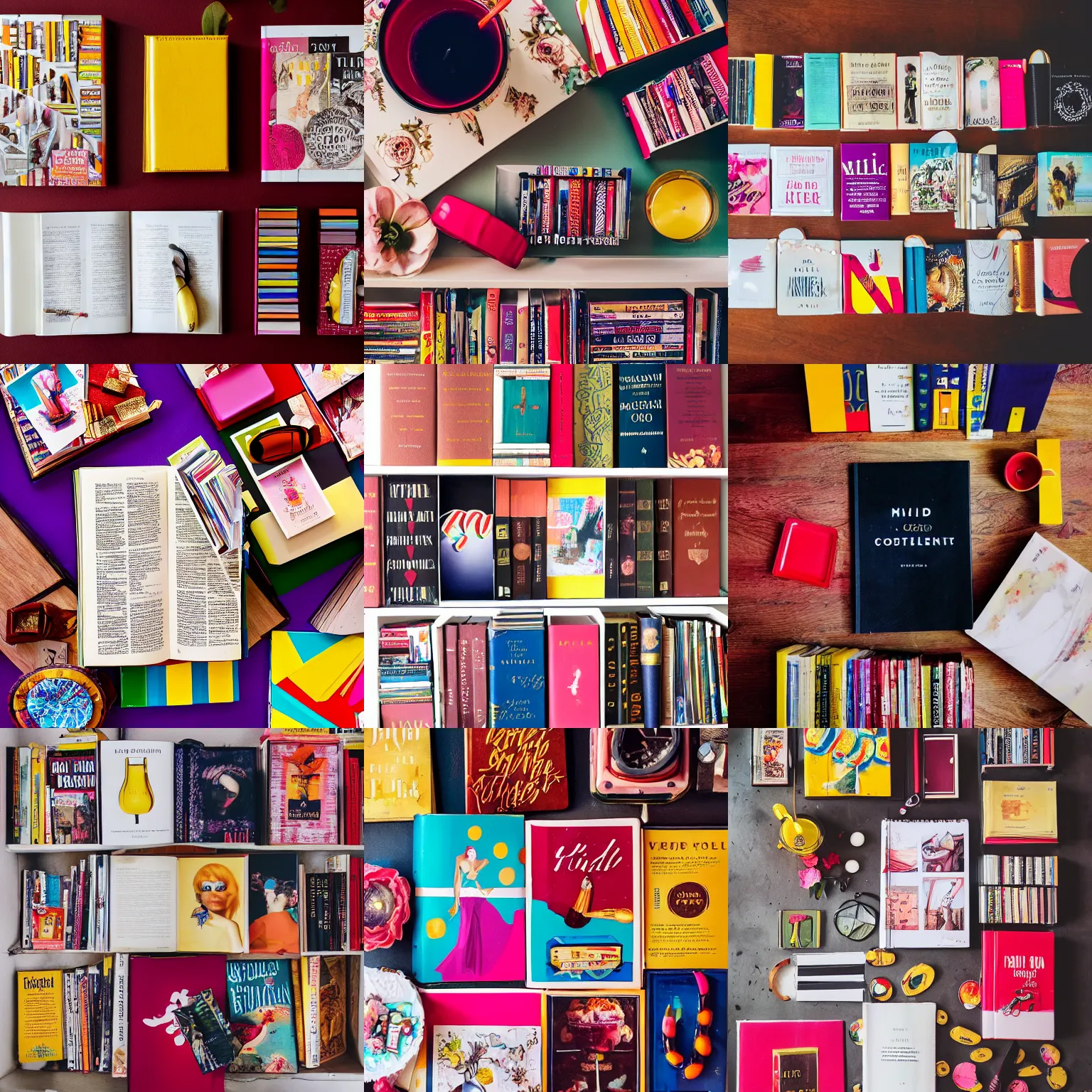 Prompt: flatlay book collection, vivid colors, dramatic lighting, banana split