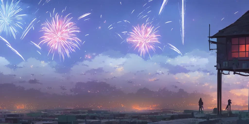 Image similar to realistic building, fireworks, wide landscape, eva, war, lonely, art by makoto shinkai