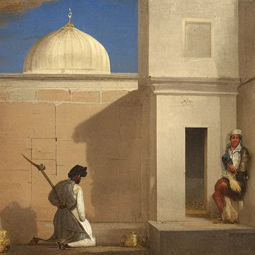 Prompt: 18th century historical painting representing Arab man near old mosque in old Arab city, by Joshua Reynolds, Hermitage museum catalog photography,