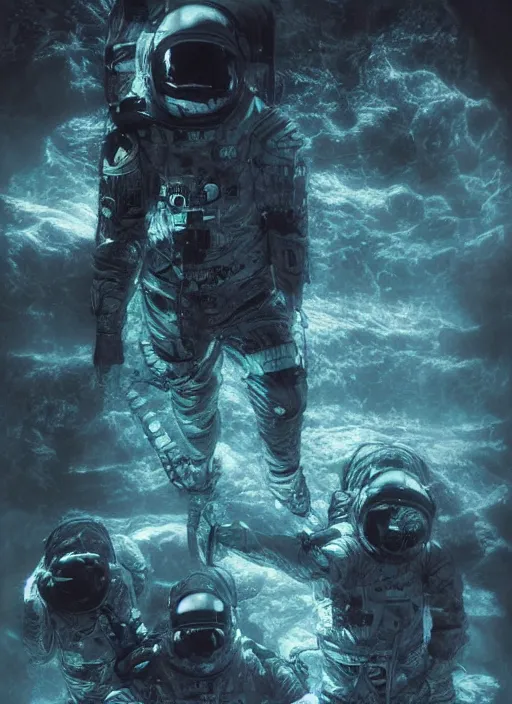 Prompt: astronauts in dark void underwater - complex and hyperdetailed technical suit. reflection and dispersion materials. rays and dispersion of light. volumetric light. f / 3 2. noise film photo. flash photography. ultra realistic, wide angle. poster by wayne barlowe, hajime sorayama aaron horkey, craig mullins