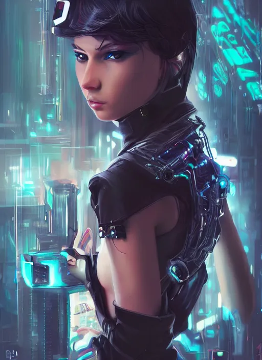 Image similar to teen elf, cyberpunk hacker, black hair, gorgeous, amazing, elegant, intricate, highly detailed, digital painting, artstation, concept art, sharp focus, illustration, art by ross tran