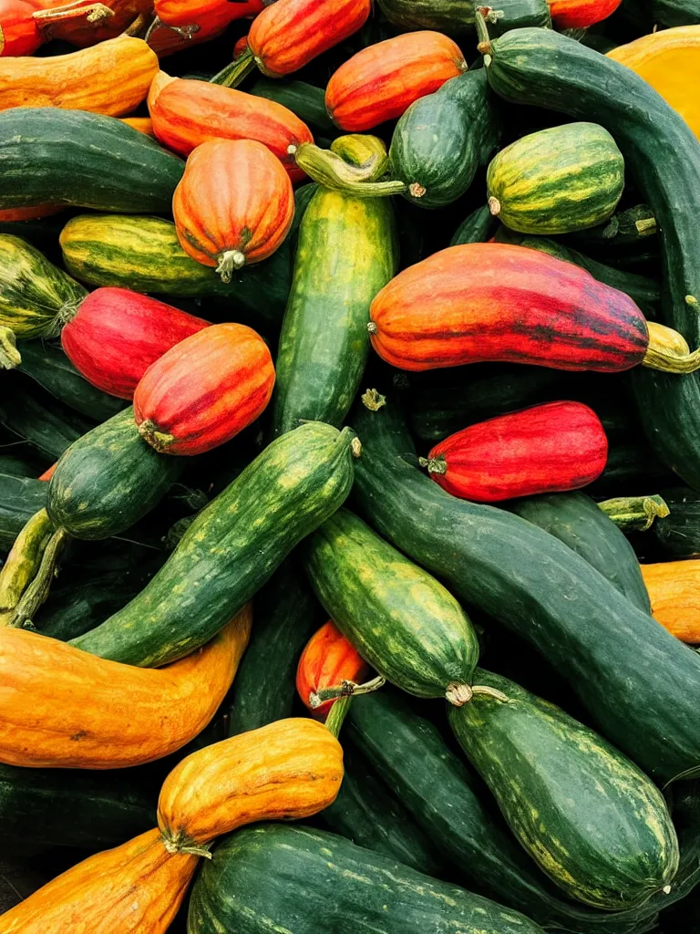 Prompt: photorealistic squash variety, farmer's market setting, vivid colors, soft lighting, atmospheric, cinematic, 8k