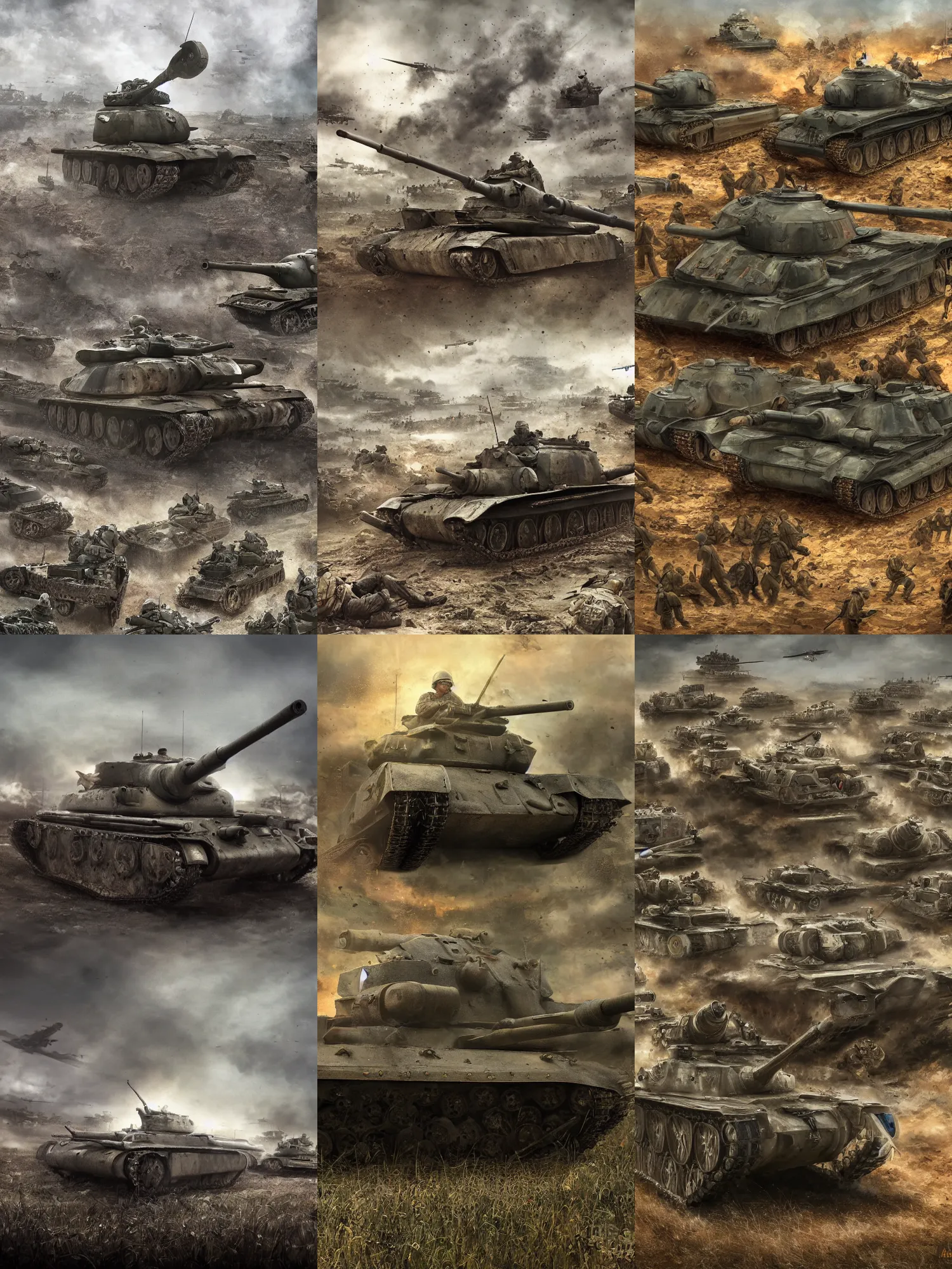 Prompt: one ww 2 tank facing 1 0 0 0 soldiers, hyperdetailed, digital art, cinematic light