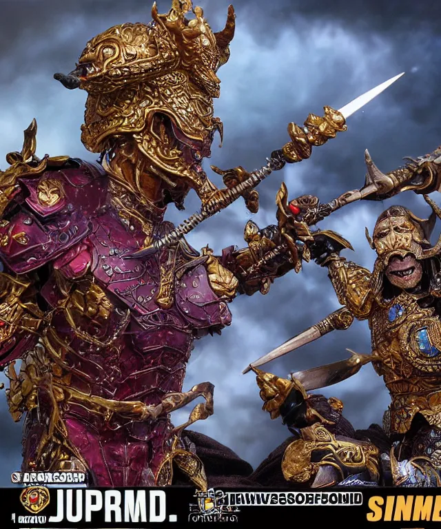 Image similar to hyperrealistic rendering, epic ornate supreme demon overlord, jewel crown, war armor battle, by art of skinner and richard corben, product photography, collectible action figure, sofubi, hottoys, storm clouds, outside, lightning