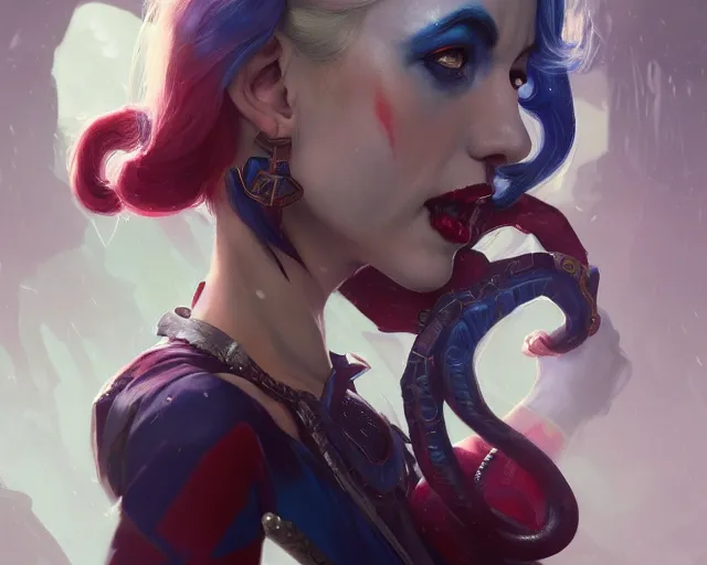 Prompt: photography of harley quinn, deep focus, d & d and mtg, fantasy, intricate, elegant, highly detailed, digital painting, artstation, concept art, matte, sharp focus, illustration, hearthstone, art by artgerm and greg rutkowski and alphonse mucha