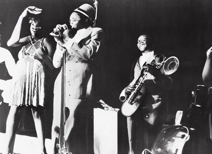 Image similar to a close up photograph of a black female singer, in a red dress, on stage, with her band, 1 9 3 0 s jazz club, smoke, color photograph - filled room