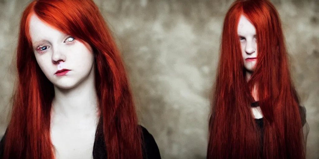 Prompt: a portrait of a sad gothic redhead girl, cinematic lighting, cute