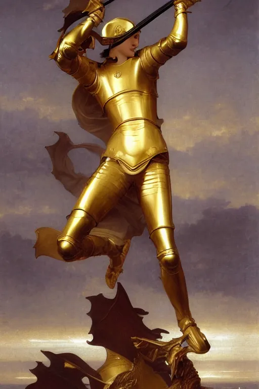 Image similar to a knight in gold armor battling a dragon style of William Adolphe Bouguereau