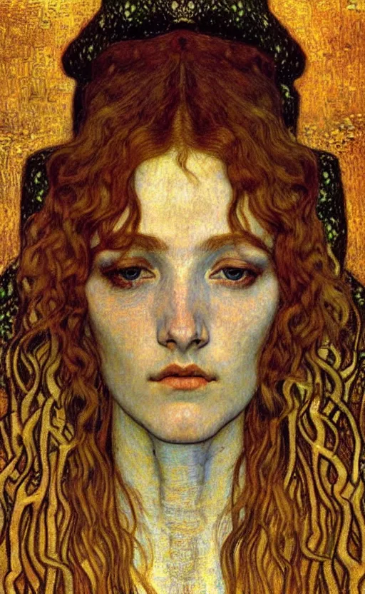 Image similar to detailed realistic beautiful young medieval queen face portrait by jean delville, gustav klimt and vincent van gogh, art nouveau, symbolist, visionary, gothic, pre - raphaelite, muted earthy colors, desaturated