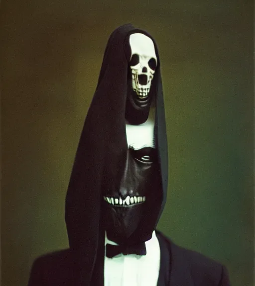 Image similar to portrait of a man in a suit with grim reaper head, vintage technicolor film photo, grainy, high detail, high resolution