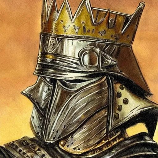Prompt: knights armor, donald trump, crown!!!!!!, donald trump's face, detailed face, painting of a knight, boots!!!!!!, medieval castle background, valiant, by hans thoma