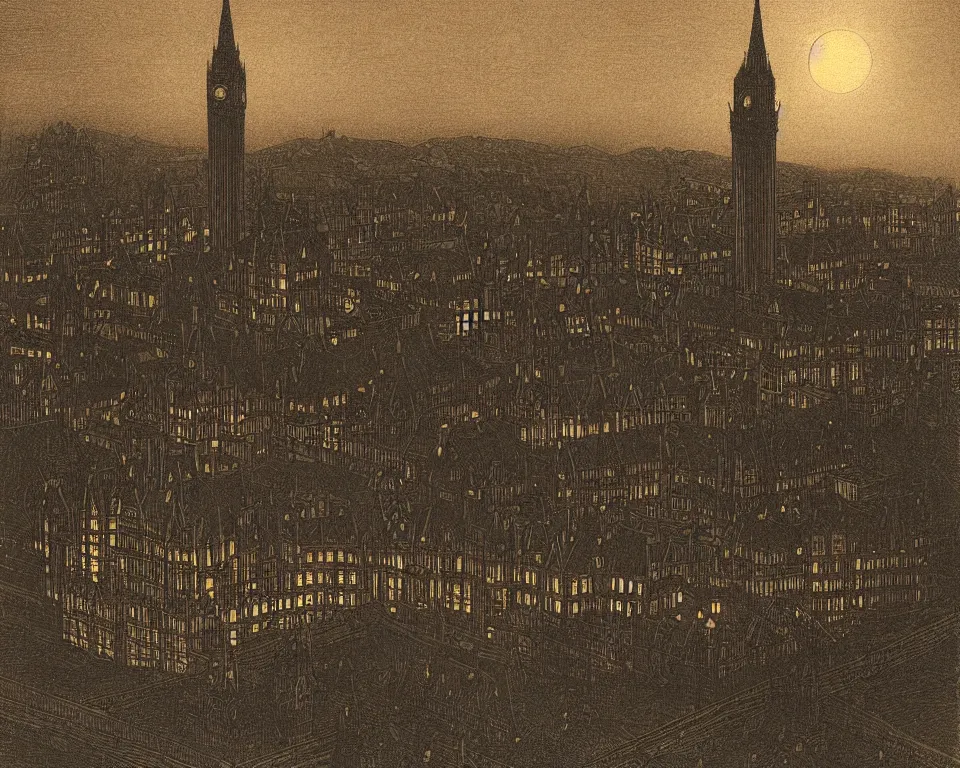 Prompt: achingly beautiful print of British Parliament bathed in moonlight by Hasui Kawase and Lyonel Feininger.