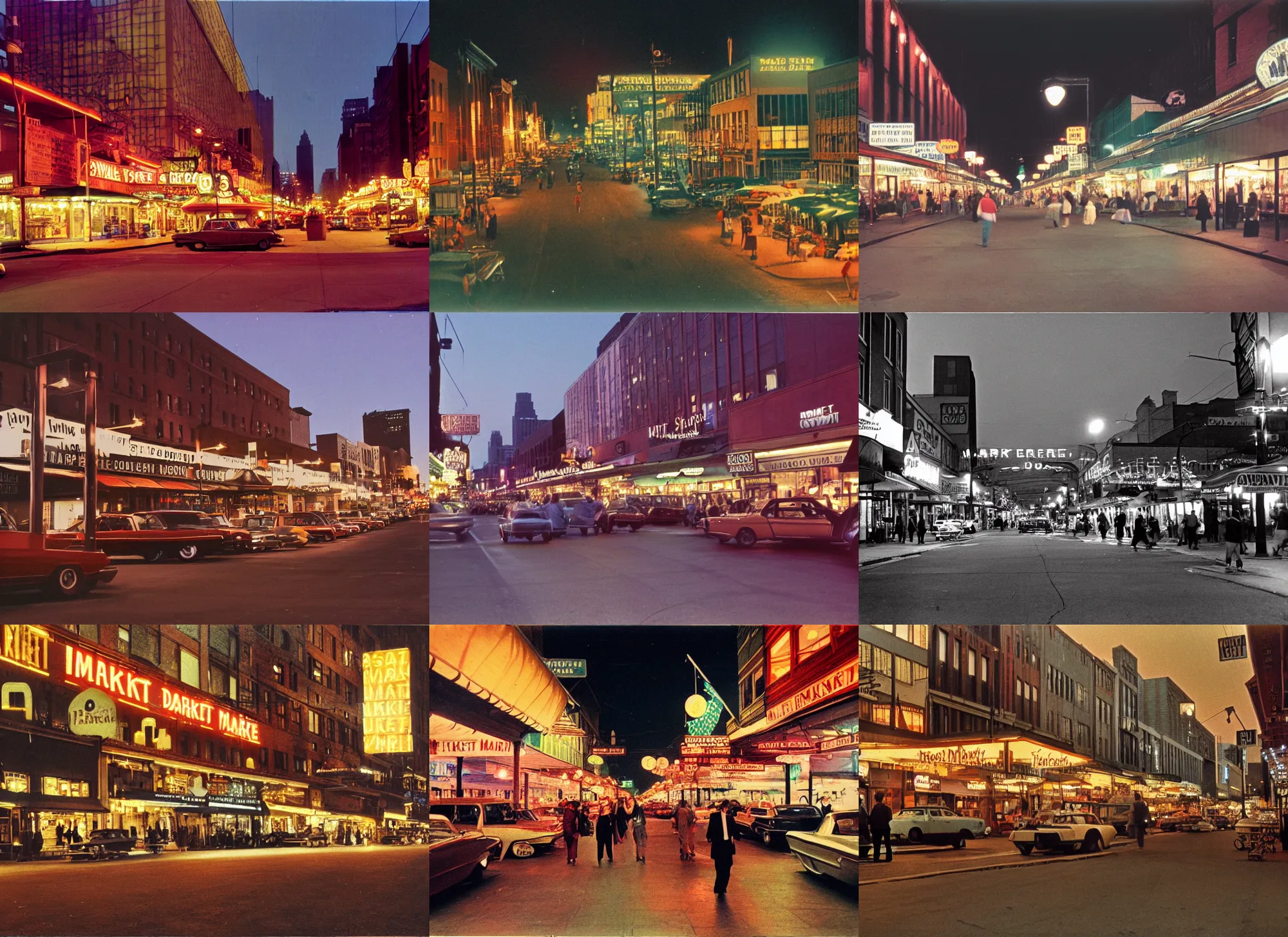 Prompt: color streetview of market district at night, from 1 9 6 7