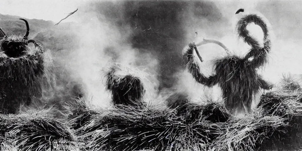 Image similar to 1 9 2 0 s photography of krampus hay monster burning, dolomites