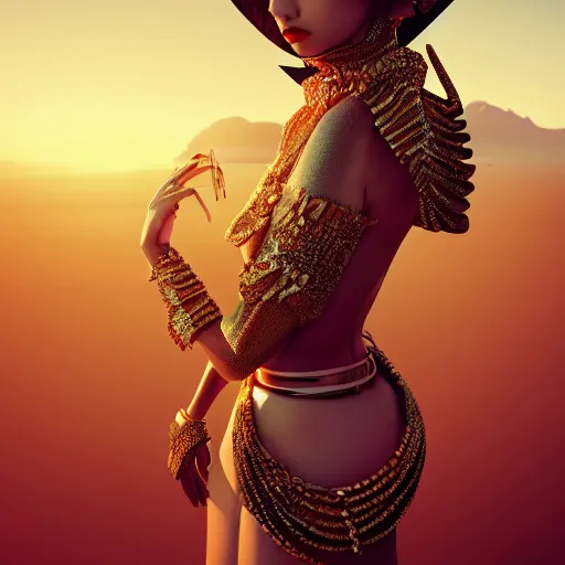 Prompt: giesha demon, innovative avant-garde art, deco fashion, asian women, highly detailed, photorealistic portrait, serene desert setting, golden hour, crisp quality and light reflections, octane render