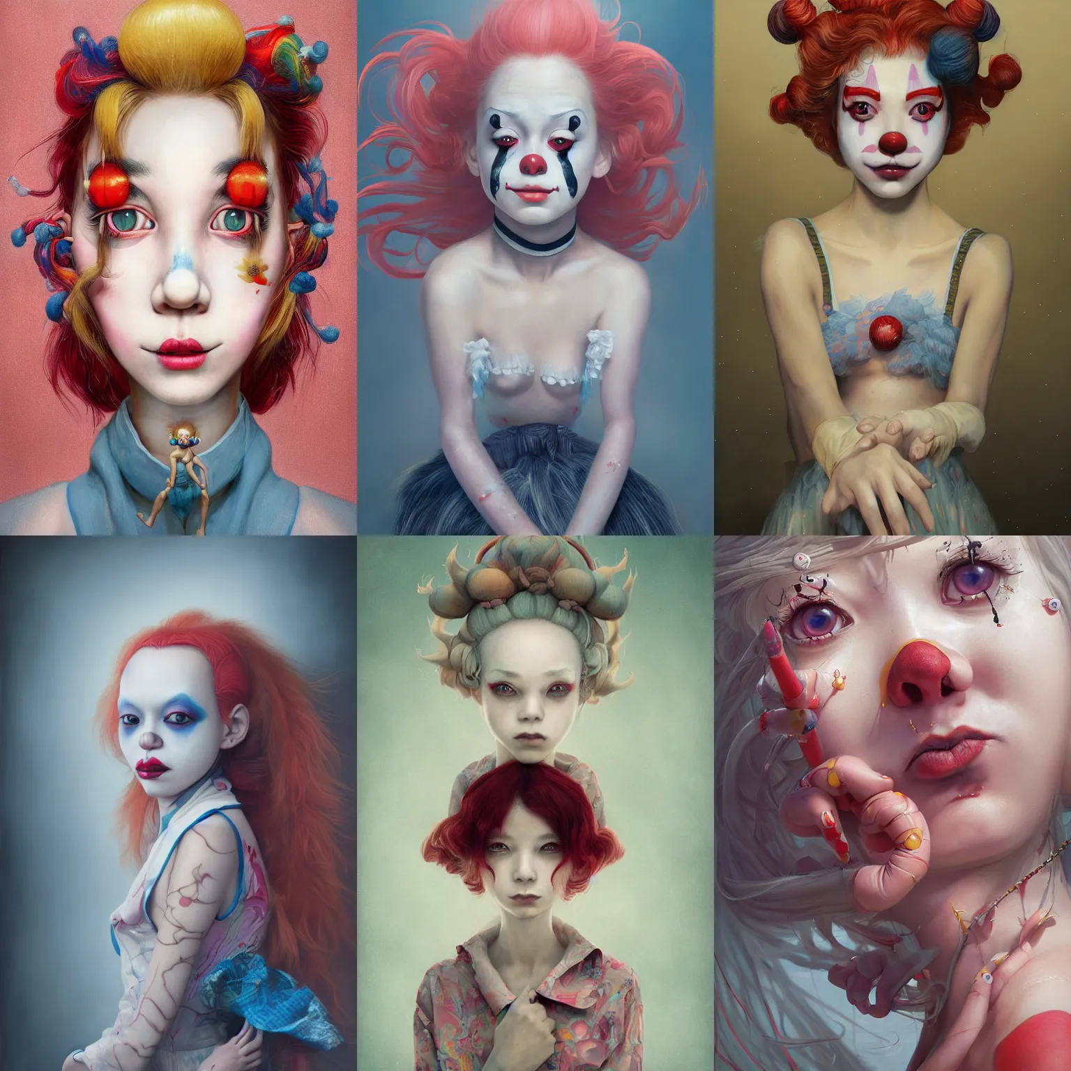 Image similar to breathtaking detailed painting of clown girl , with anxious, piercing eyes, Atari game cover art by Hsiao-Ron Cheng, James jean, Miho Hirano, Hayao Miyazaki, extremely moody lighting, hyperrealistic, octane render, RPG portrait, ambient light, dynamic lighting