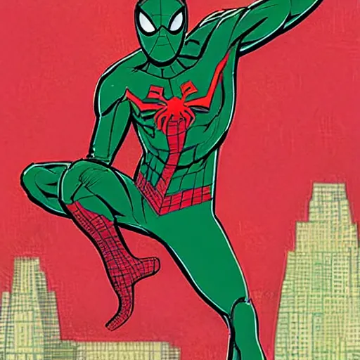 Prompt: green red spider man in Dhaka comic book art style by Stan Lee