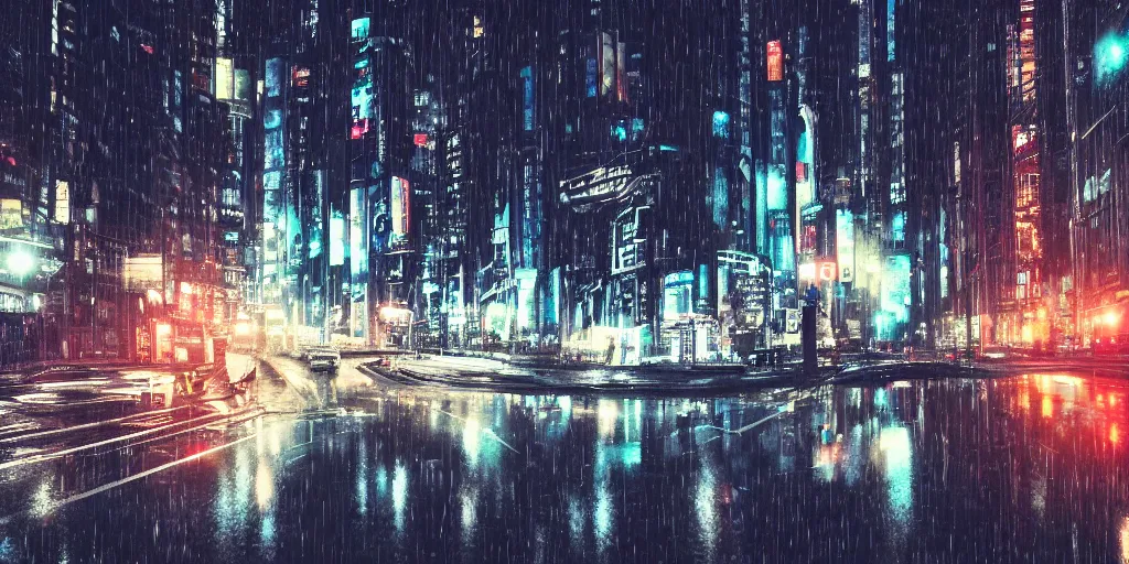 Image similar to a city street at night, raining, photograph, cars on the road, cyberpunk, sharp focus, intricate detail, drone shot