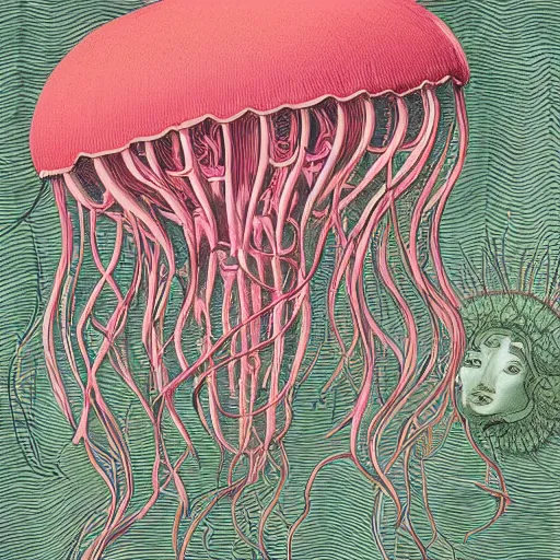 Prompt: childrenbook illustration of a huge standalone elaborate pinkish jellyfish, in the style of botticelli and ernst haekel, with cyberpunk liberty and flemish baroque details. hd matte background