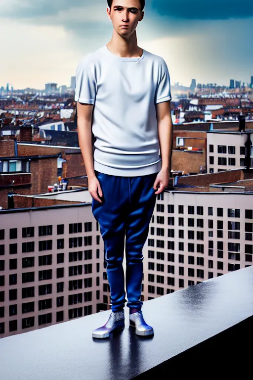 Image similar to un ultra high definition studio quality photographic art portrait of a young man standing on the rooftop of a british apartment building wearing soft padded silver pearlescent clothing. three point light. extremely detailed. golden ratio, ray tracing, volumetric light, shallow depth of field. set dressed.