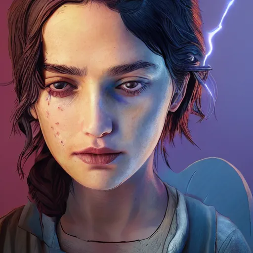 Image similar to portrait art of clementine walking dead telltale games, art by alessio albi 8 k ultra realistic, angel wings, lens flare, atmosphere, glow, detailed, intricate, full of colour, led lighting, trending on artstation, 4 k, hyperrealistic, focused, extreme details, unreal engine 5, masterpiece