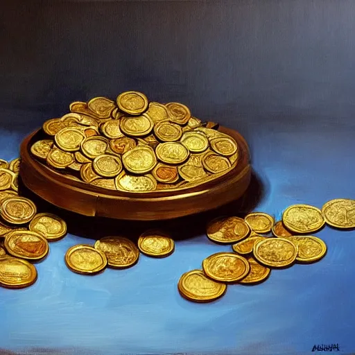 Prompt: an old wooden table covered in gold coins and treasure, detailed oil painting, trending on Artstation