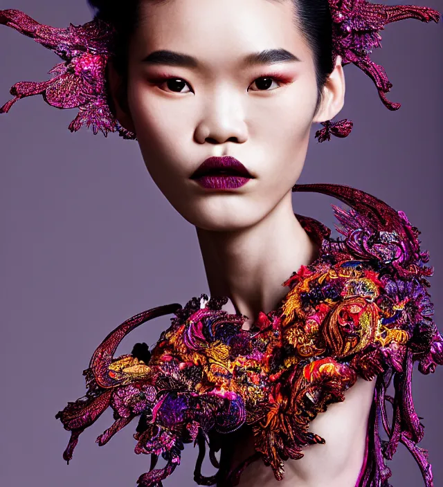 Image similar to photography american portrait of stunning model ming xi. great hair style, half in shadow, natural pose, natural lighing, rim lighting, wearing an ornate stunning sophisticated outfit made of of rigid and fluid well structured parts, created by iris van herpen, with a colorfull makeup by benjamin puckey, highly detailed, skin grain detail, photography by paolo roversi