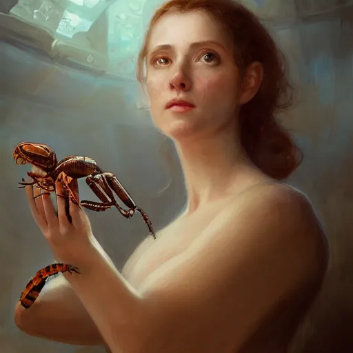 Prompt: a nineteenth - century woman with an uncovered breast holding a scorpion in his hand, inside a spaceship with the earth rom the porthole, highly detailed, concept art, art by wlop and artgerm and greg rutkowski, masterpiece, trending on artstation, 8 k