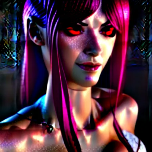 Image similar to Katarina from League of Legends, photorealistic studio portrait, studio lighting, unreal engine 5, hyperrealistic, dynamic lighting, white ambient background, realistic, highly detailed