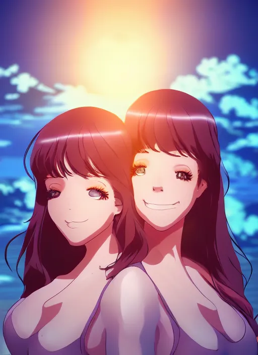 Image similar to two beautiful mothers in a summer home, gorgeous faces, thick lines, cinematic lighting, detailed anime art