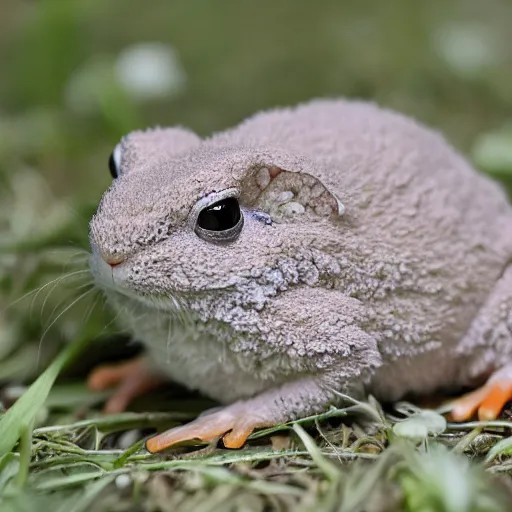 Image similar to photo of hybrid between an angora rabbit and a frog toad